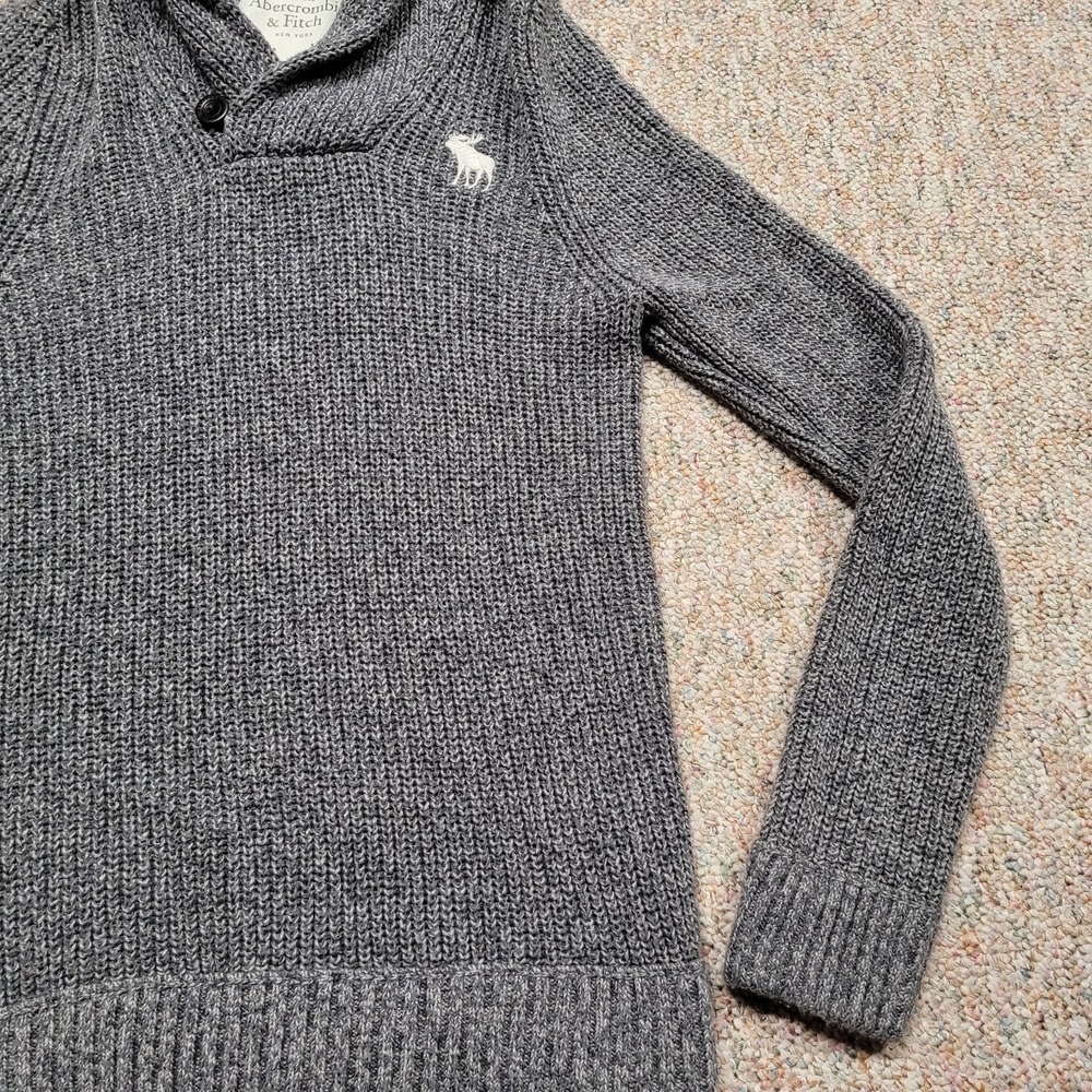Abercrombie & Fitch Sweater Mens XL Gray Shawl Collar Fisherman Knit Moose Slim - Picture 6 of 15